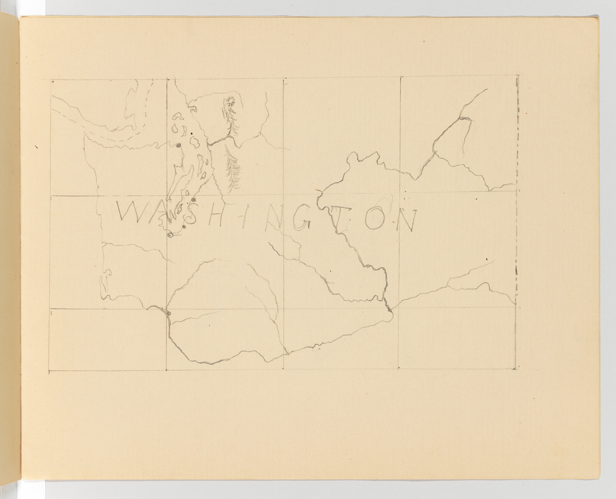 Pencil map sketch of Washington state with gridded sections and hand-lettered state name.