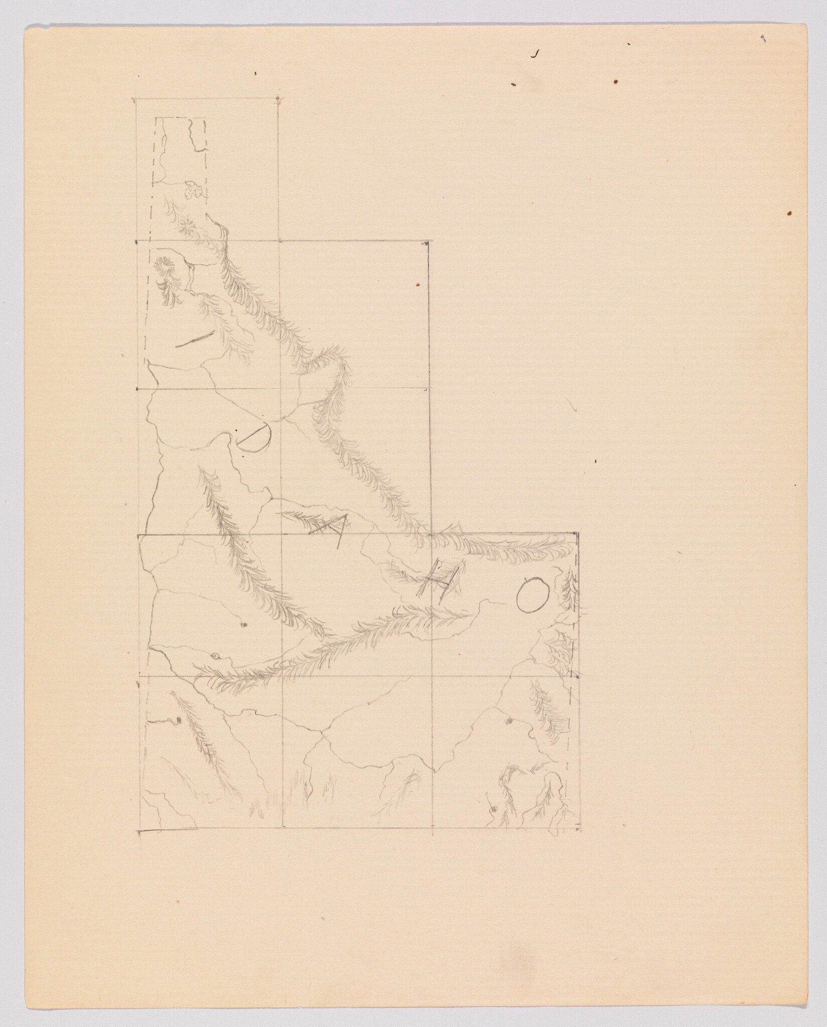 Faint pencil sketch of a gridded map showing mountain ridges and valleys on aged paper.