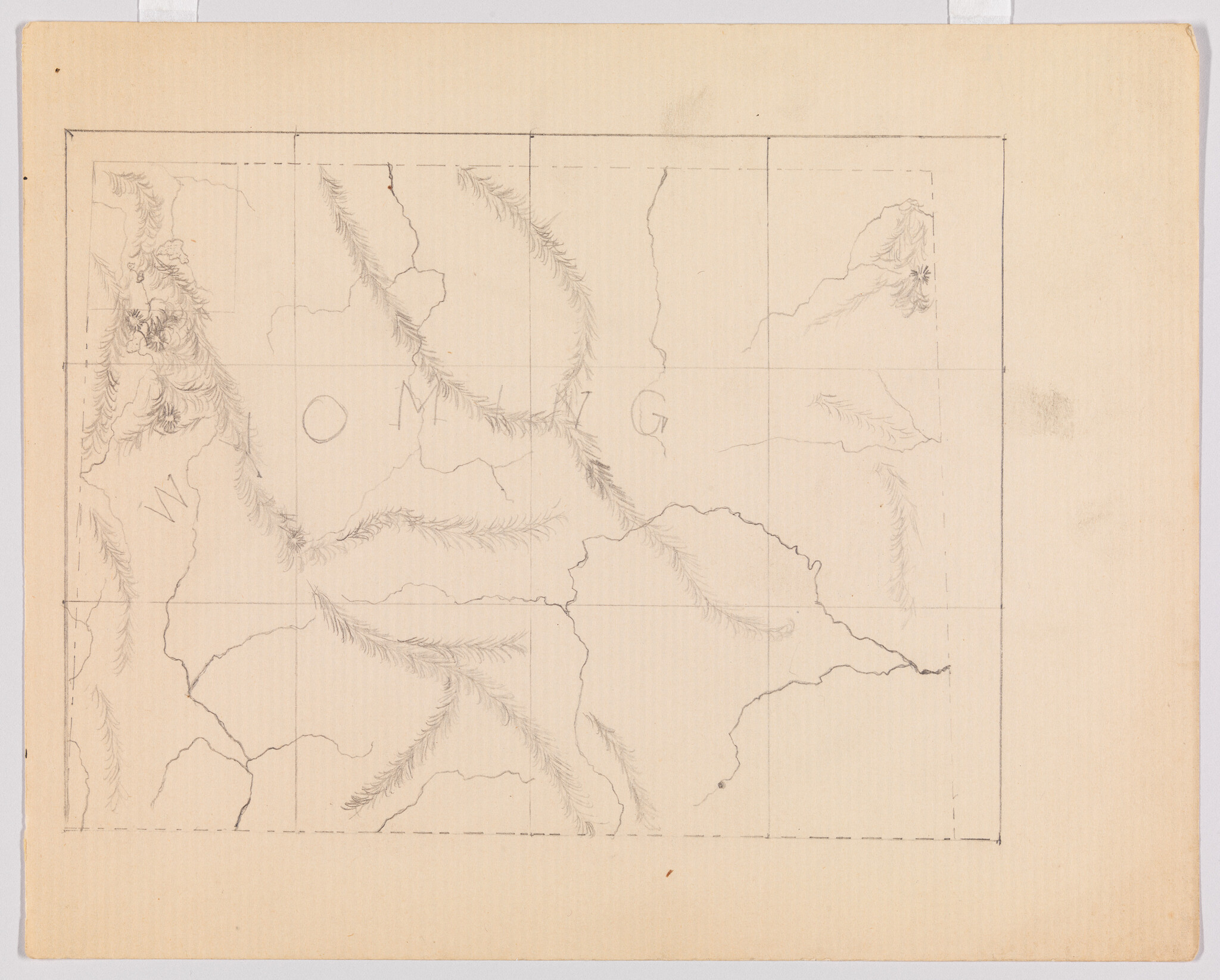 A pencil map shows faint mountainous contours and grid lines on aged, cream-colored paper.