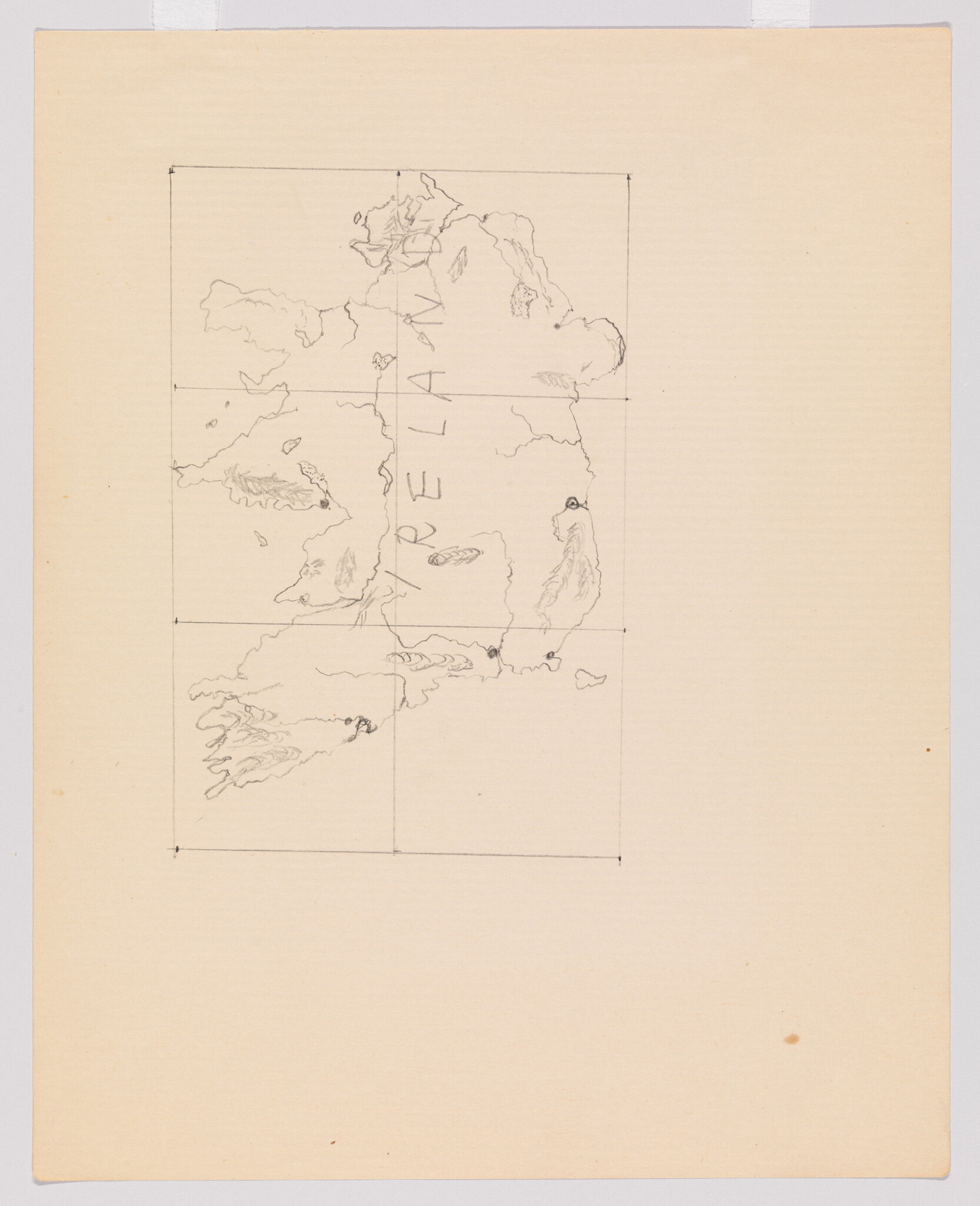Hand-drawn grid map of Ireland with faint coastline sketches and the word Ireland written vertically.