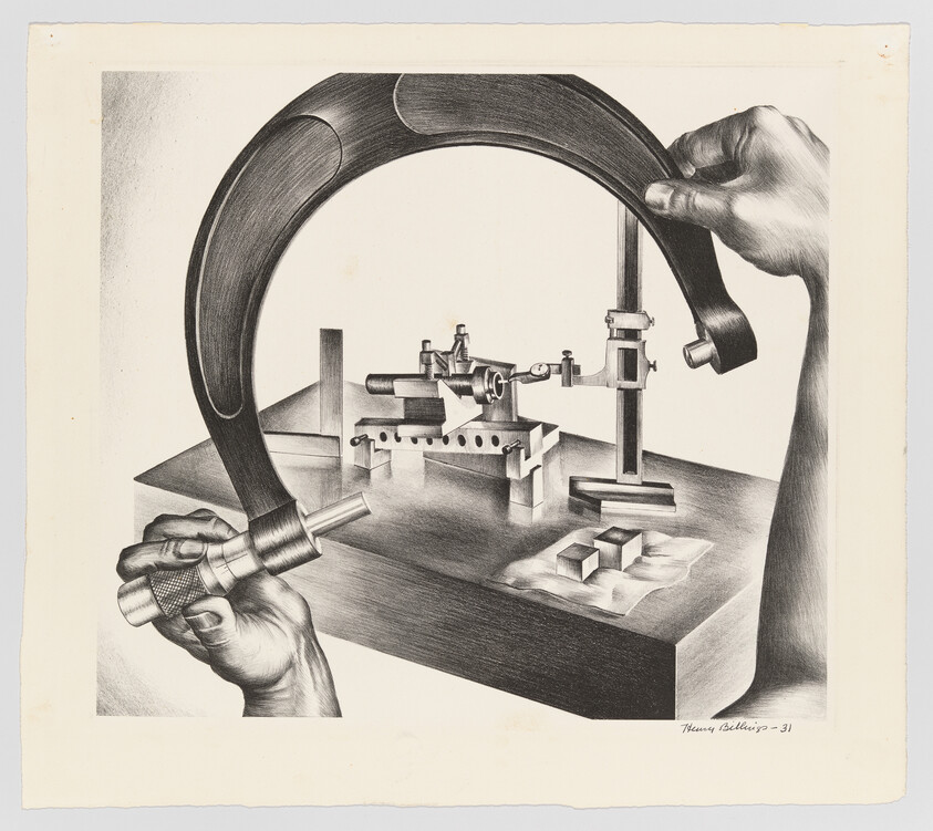 Two hands hold a large micrometer measuring a small machined part on a workbench.