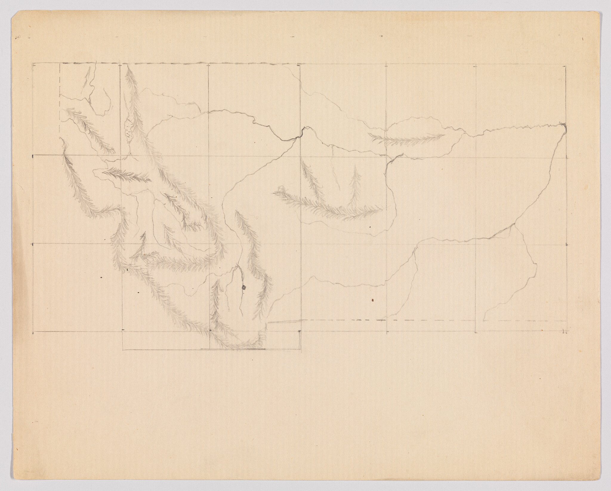 A faint pencil map shows mountain ridges and grid lines sketched on beige paper.