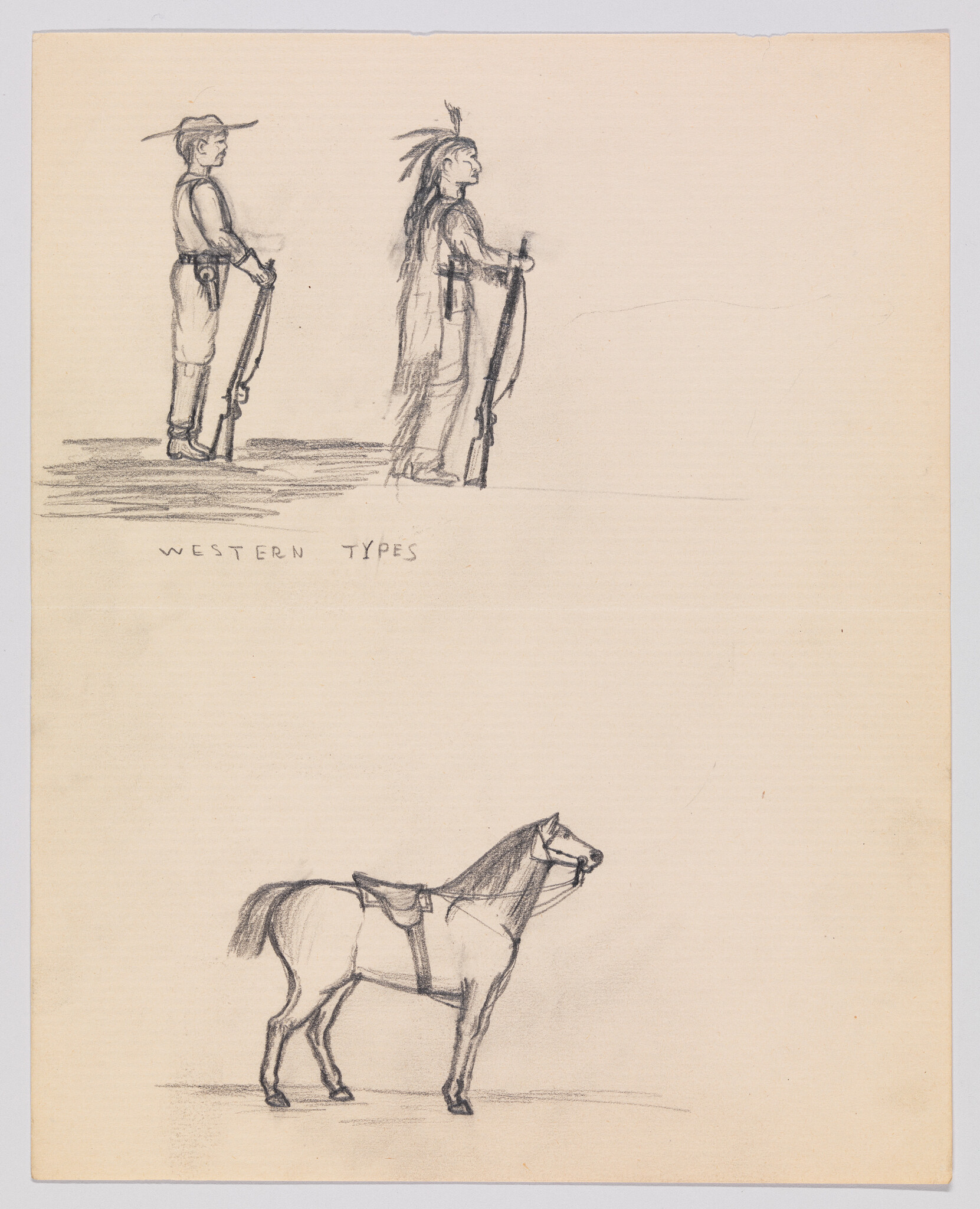 Two western figures holding rifles stand above a saddled horse labeled Western Types.