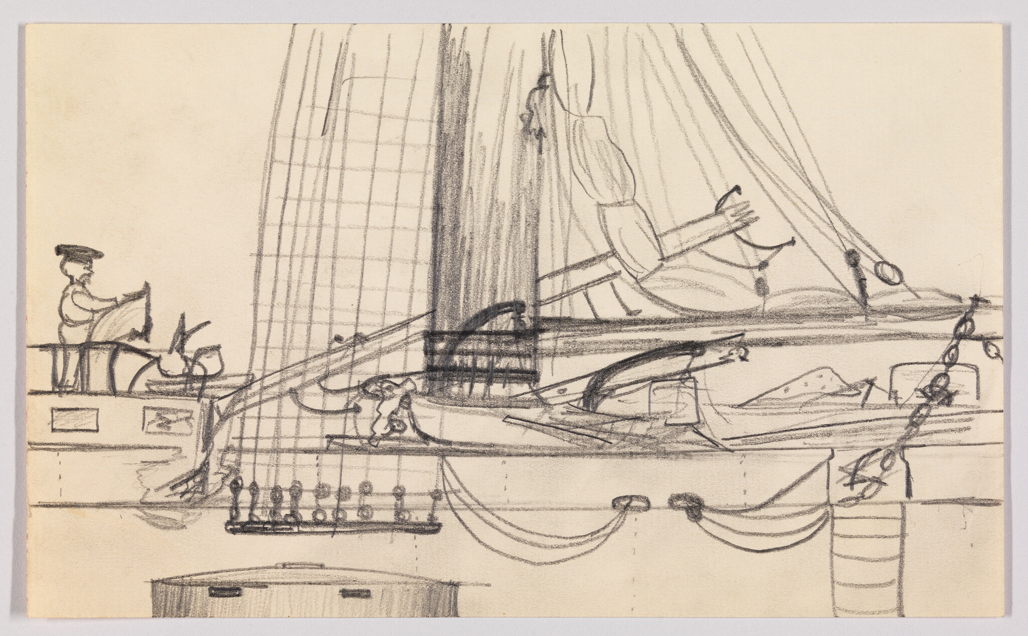 Pencil drawing of a sailing ship's deck with rigging, a large mast, and a sailor at the helm.