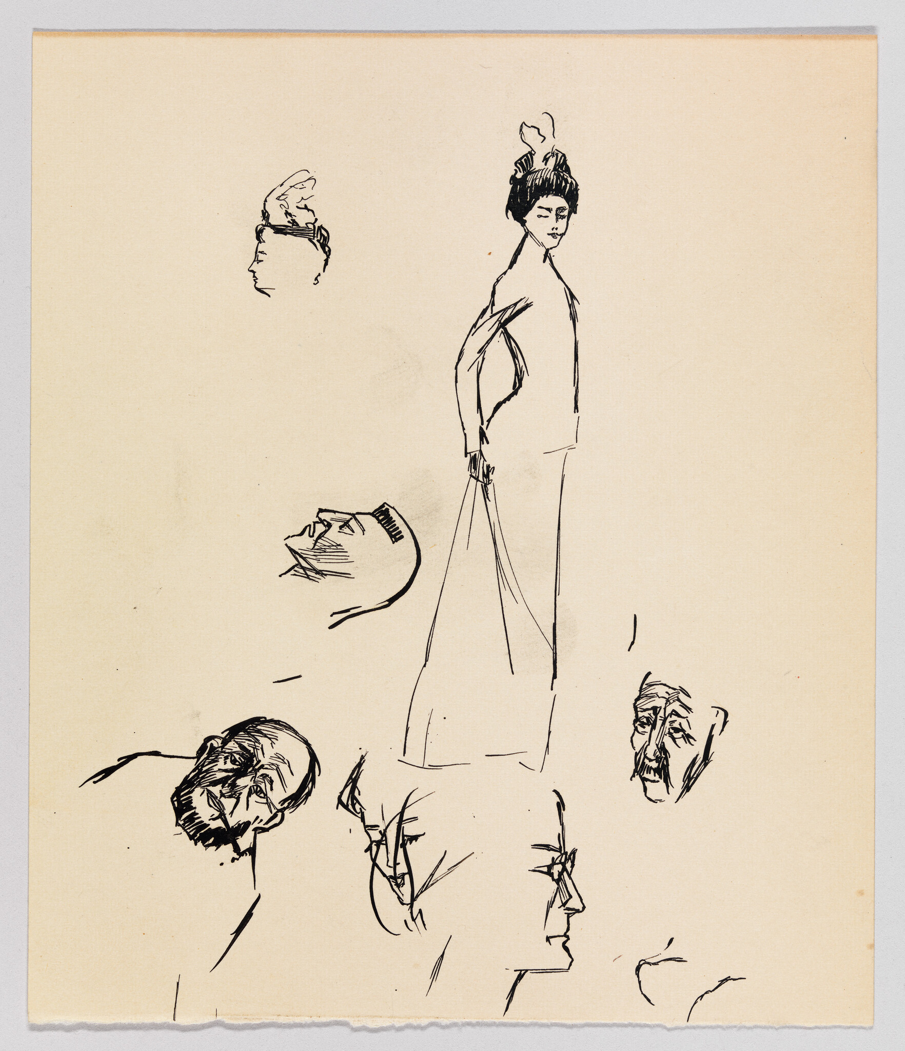 A tall woman in a long dress stands holding fabric while several sketchy male heads surround her.