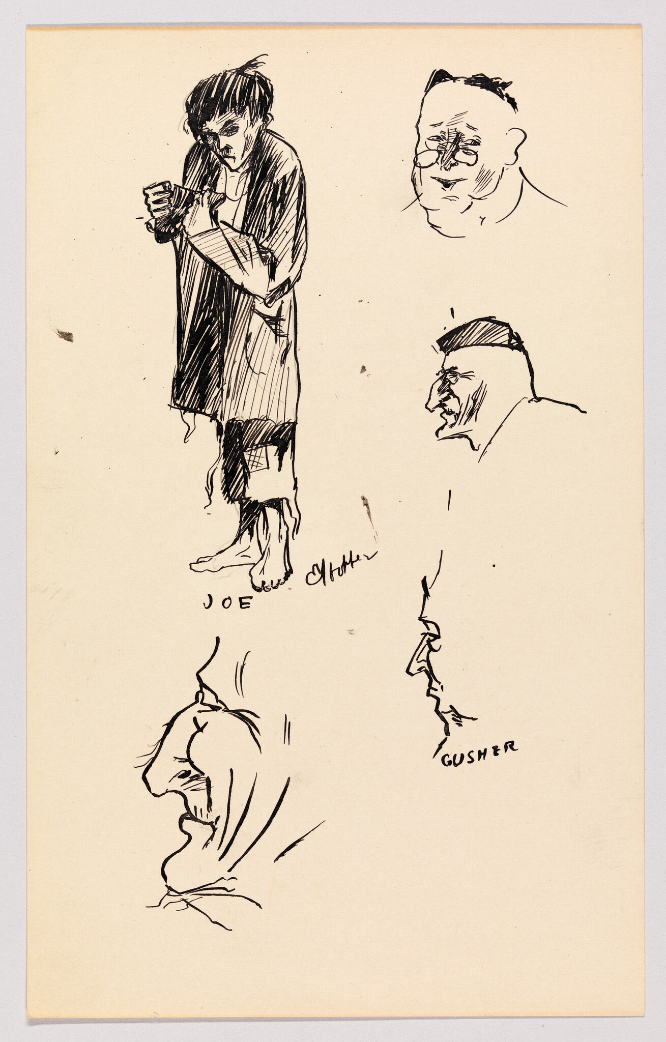 A standing barefoot man named Joe in rough clothing sketched alongside several profile head studies.