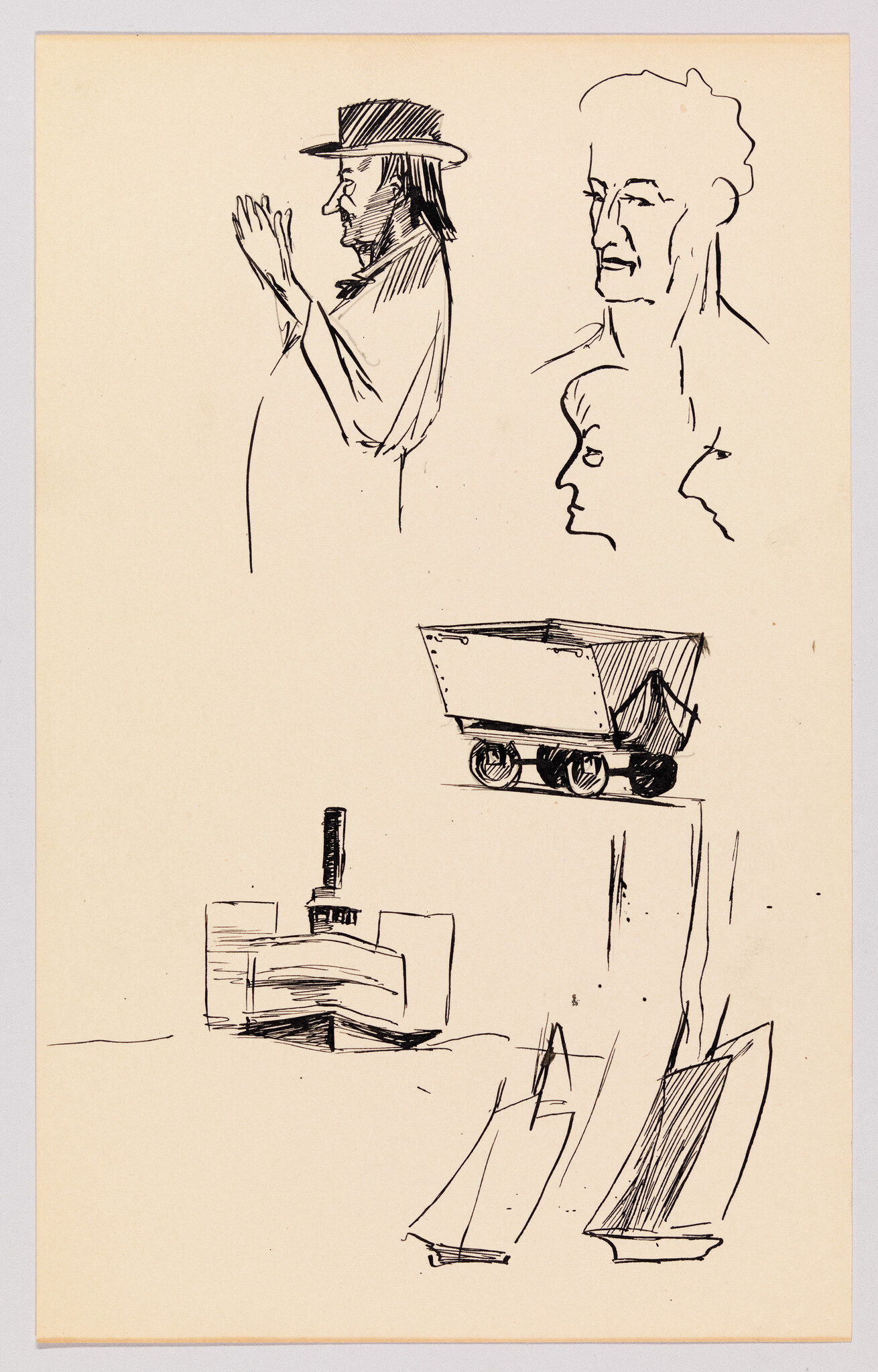 Loose pen-and-ink sketches showing a man in a hat clapping, two faces, a mine cart, and sailboats.