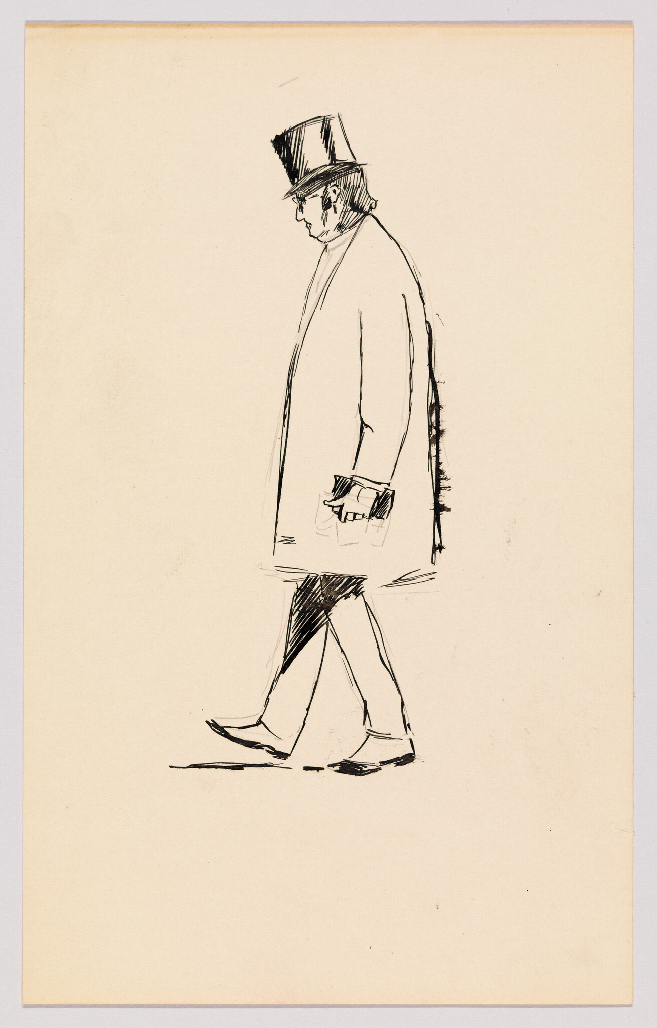 A man in a top hat and long coat walks forward holding gloves in his hand.