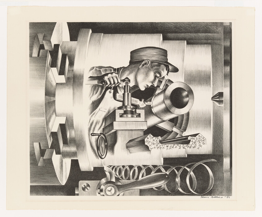 A machinist leans into a large lathe, adjusting a cutting tool while shaping a metal cylinder.