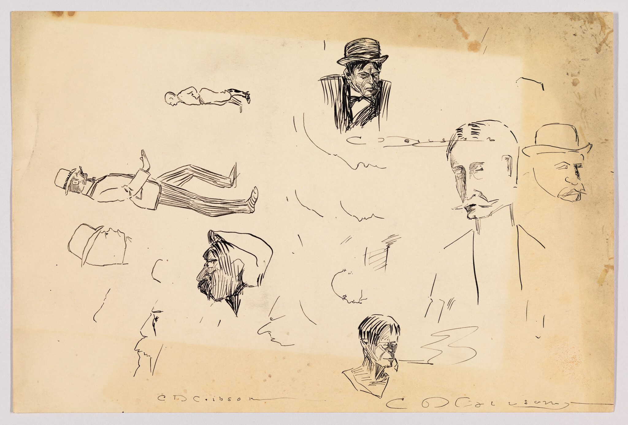 Several quick ink sketches of men’s heads and a reclining figure on aged paper.