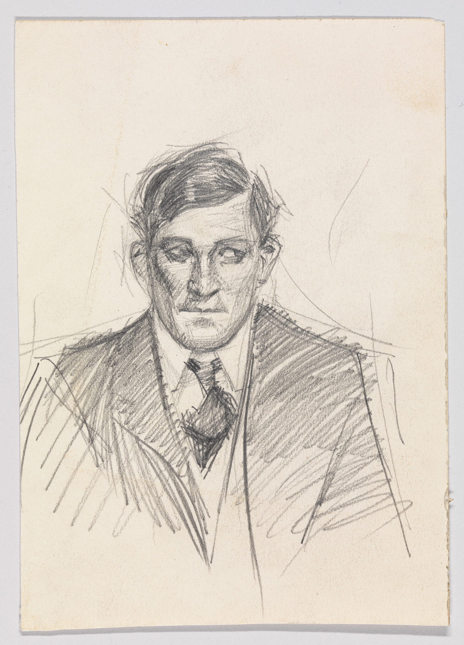 Pencil sketch of a serious man wearing a suit and tie, facing forward.