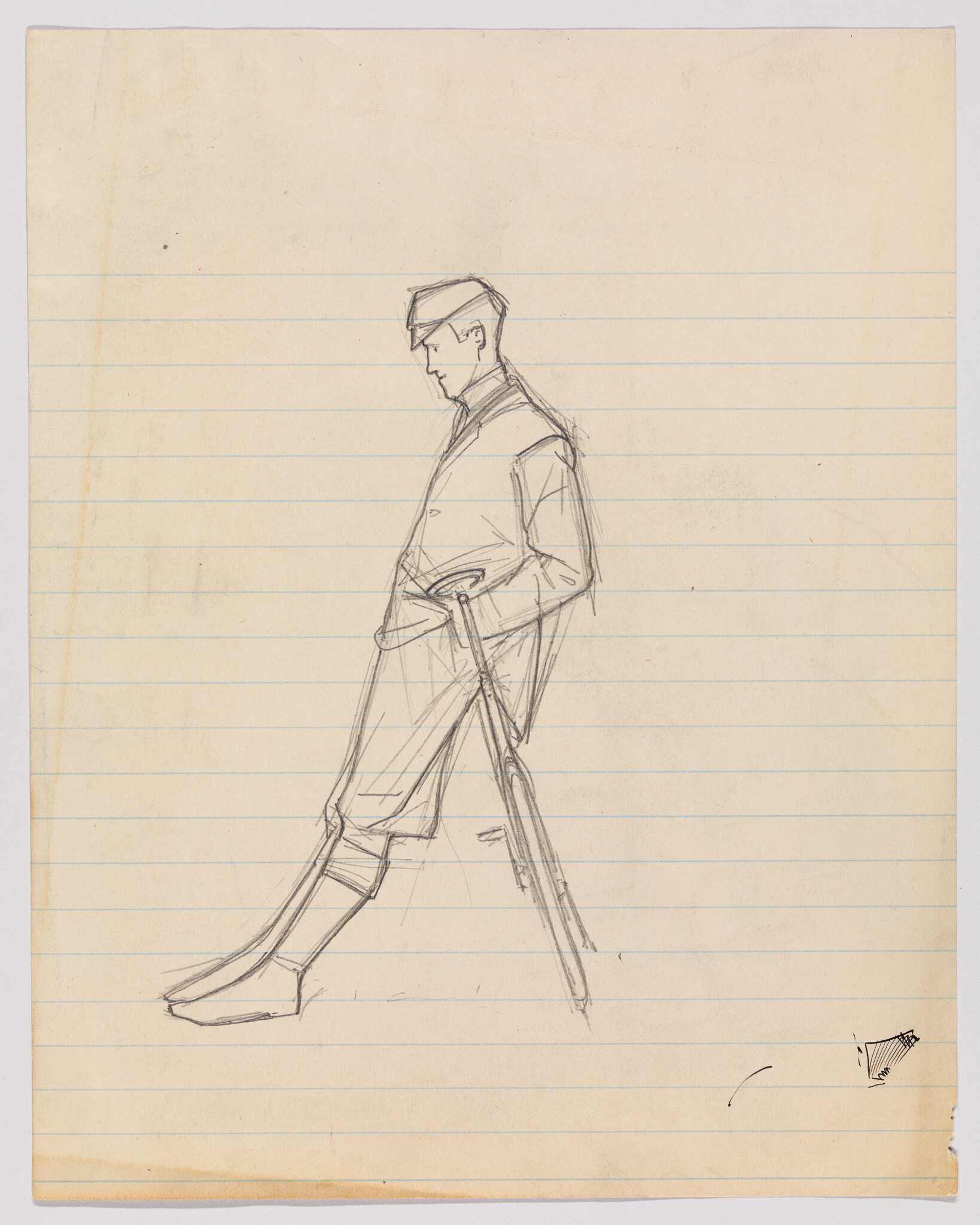 A man leaning back on a walking stick with hands in his pockets.