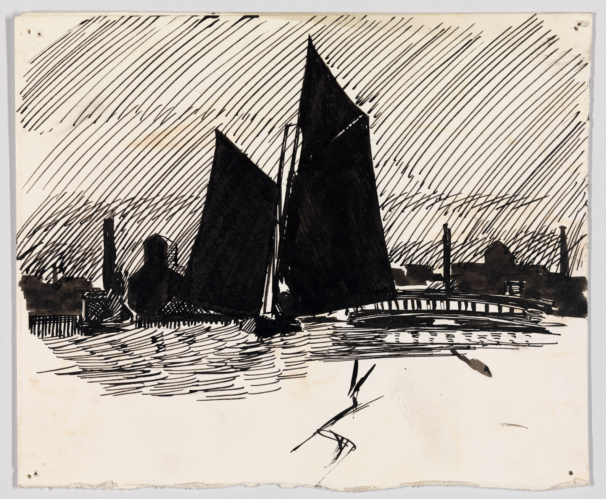 A black-sailed sailboat passes near a low bridge with reflected ripples on the water.