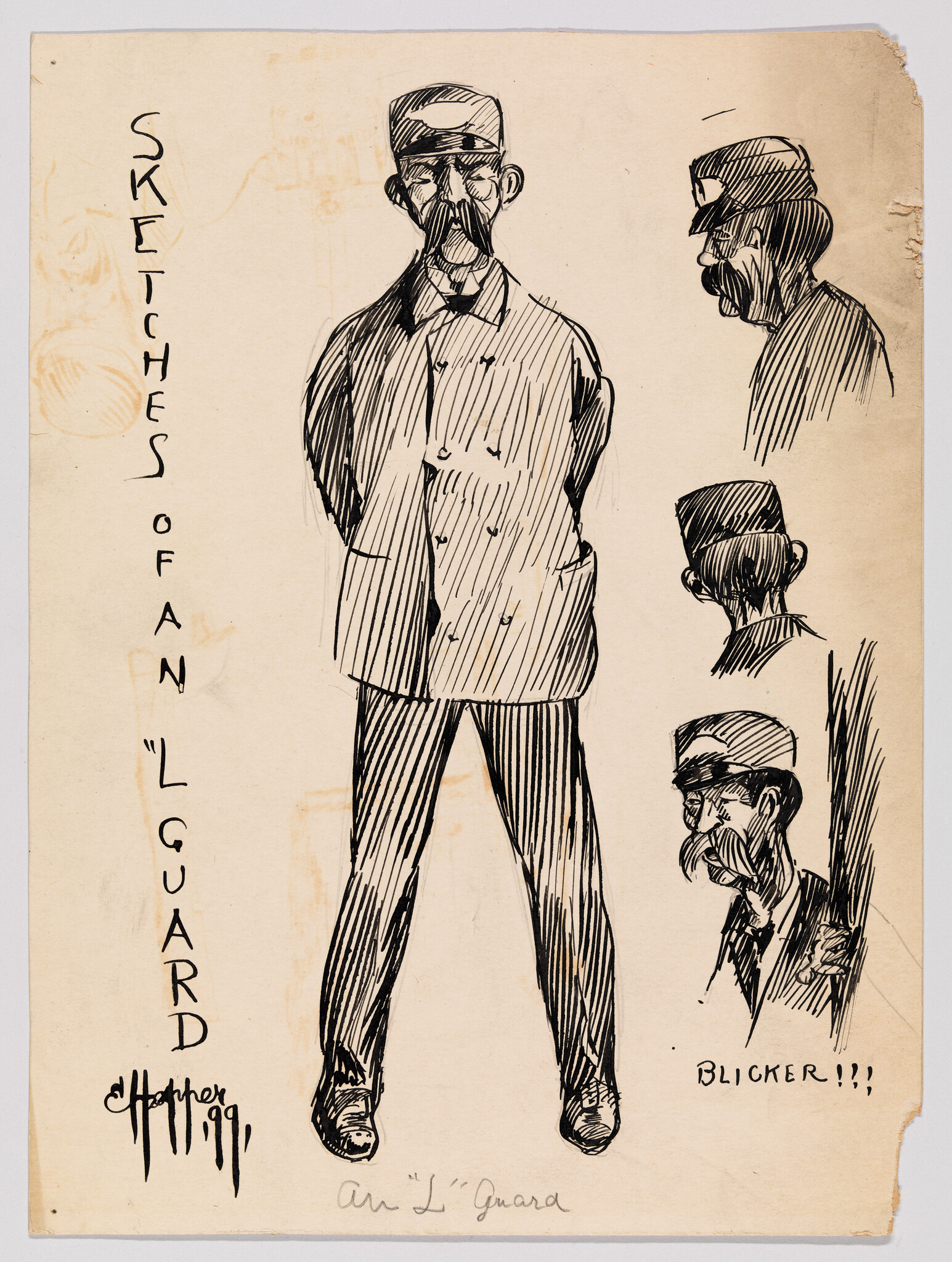 Uniformed transit guard standing with hands behind his back and three profile head sketches beside him.