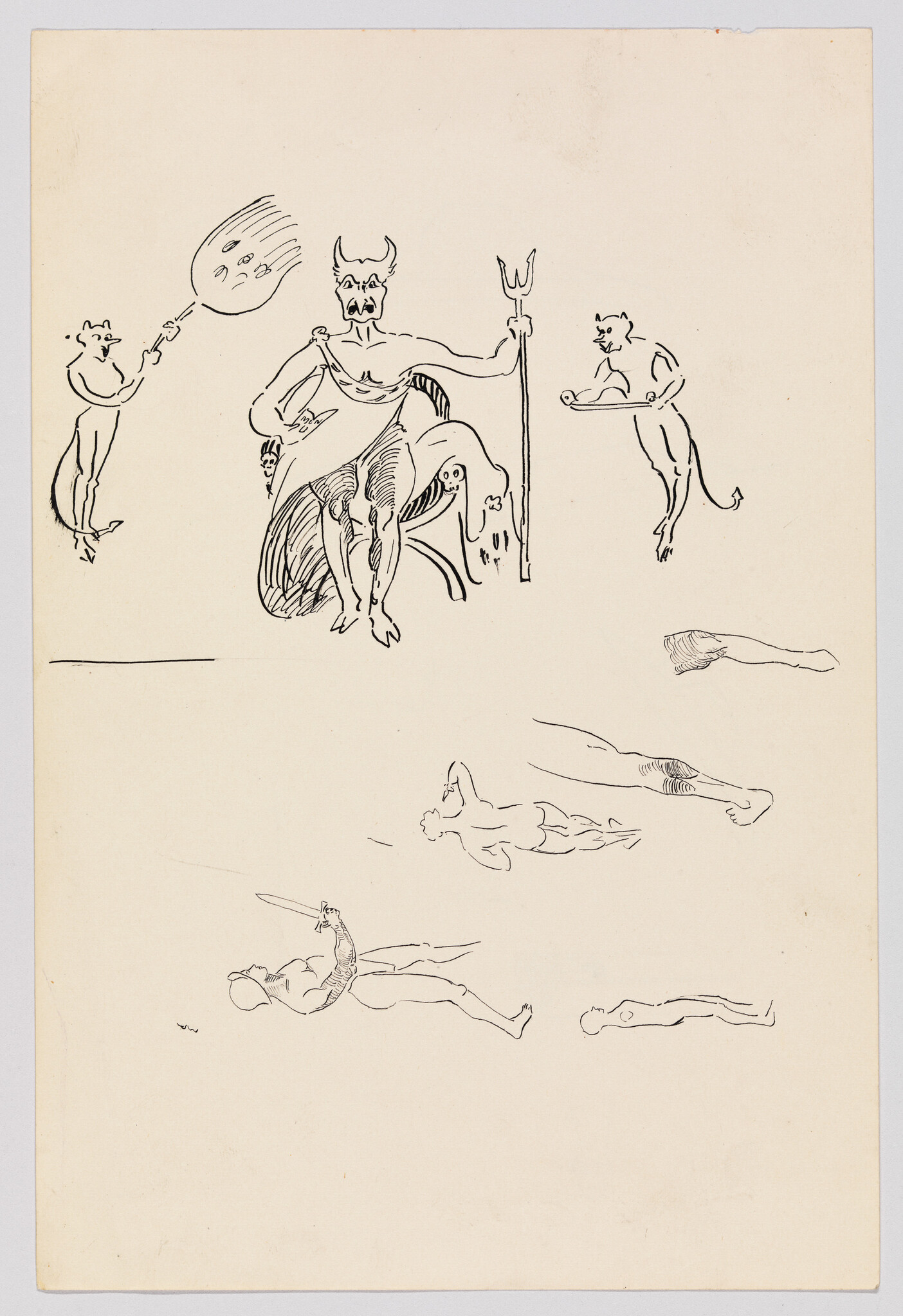 A horned devil sits holding a trident while small devil figures and reclining human sketches surround him.