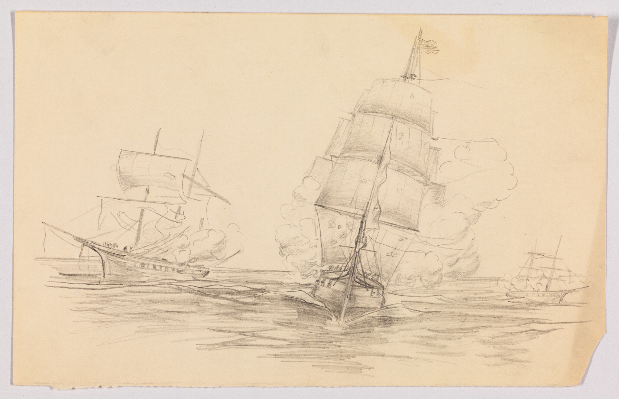 A pencil sketch on aged paper depicting a maritime scene with three sailing ships, the central one being the largest and in the foreground, with billowing smoke around its hull, suggesting cannon fire or battle. The ships are drawn with detailed rigging and sails, and the ocean is represented with wavy lines, indicating movement on the water's surface.