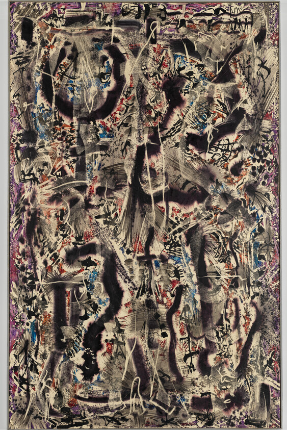 Abstract painting with chaotic black smudges, white drips, and scattered blue and red paint flecks.