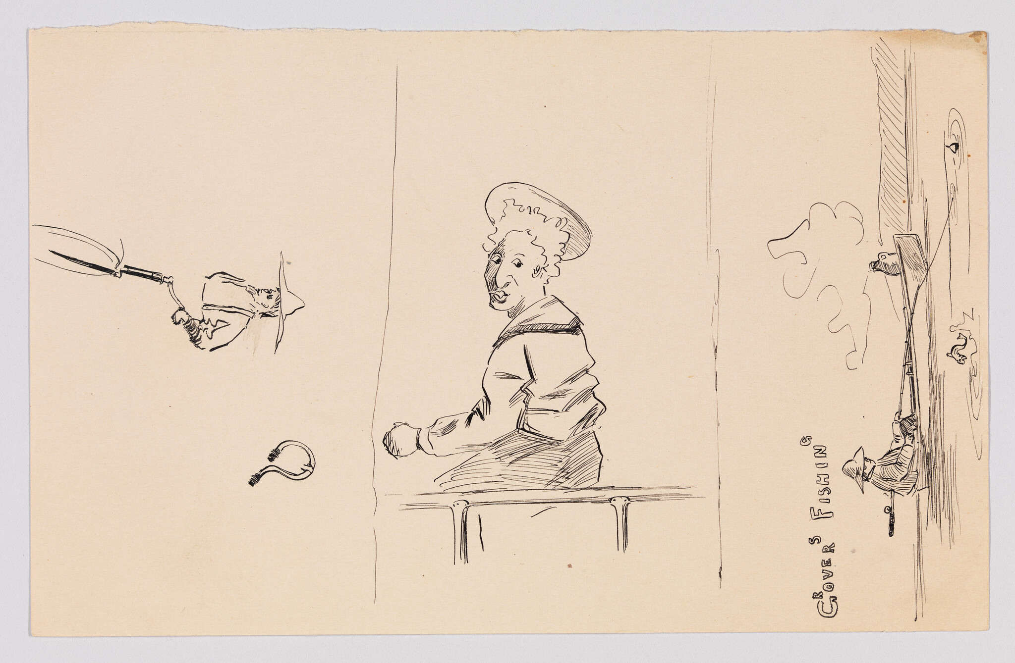 A woman in a hat leans on a railing looking back while small fishing sketches appear.