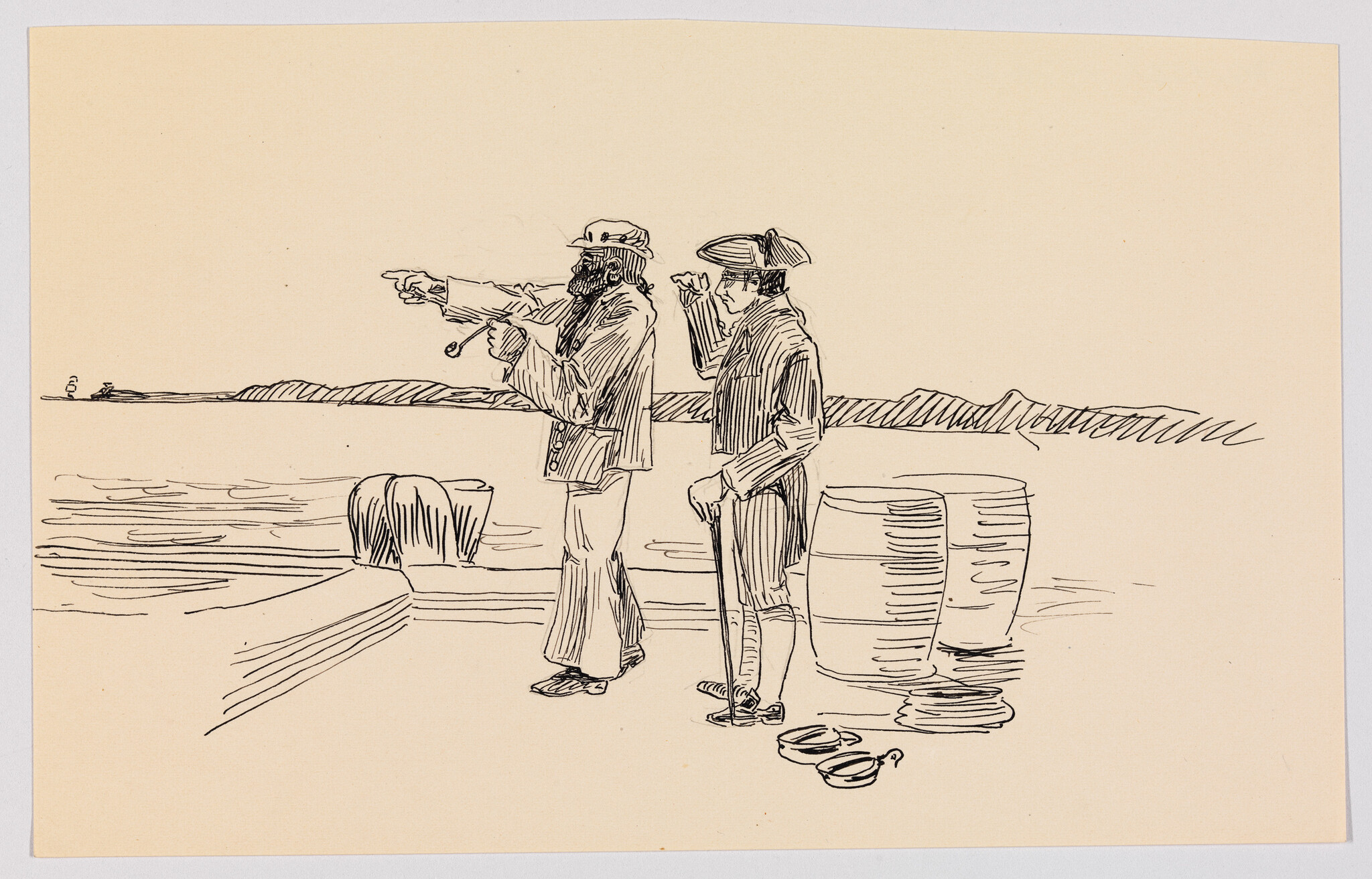 Two men stand on a dock by barrels as one points out to sea while the other watches.