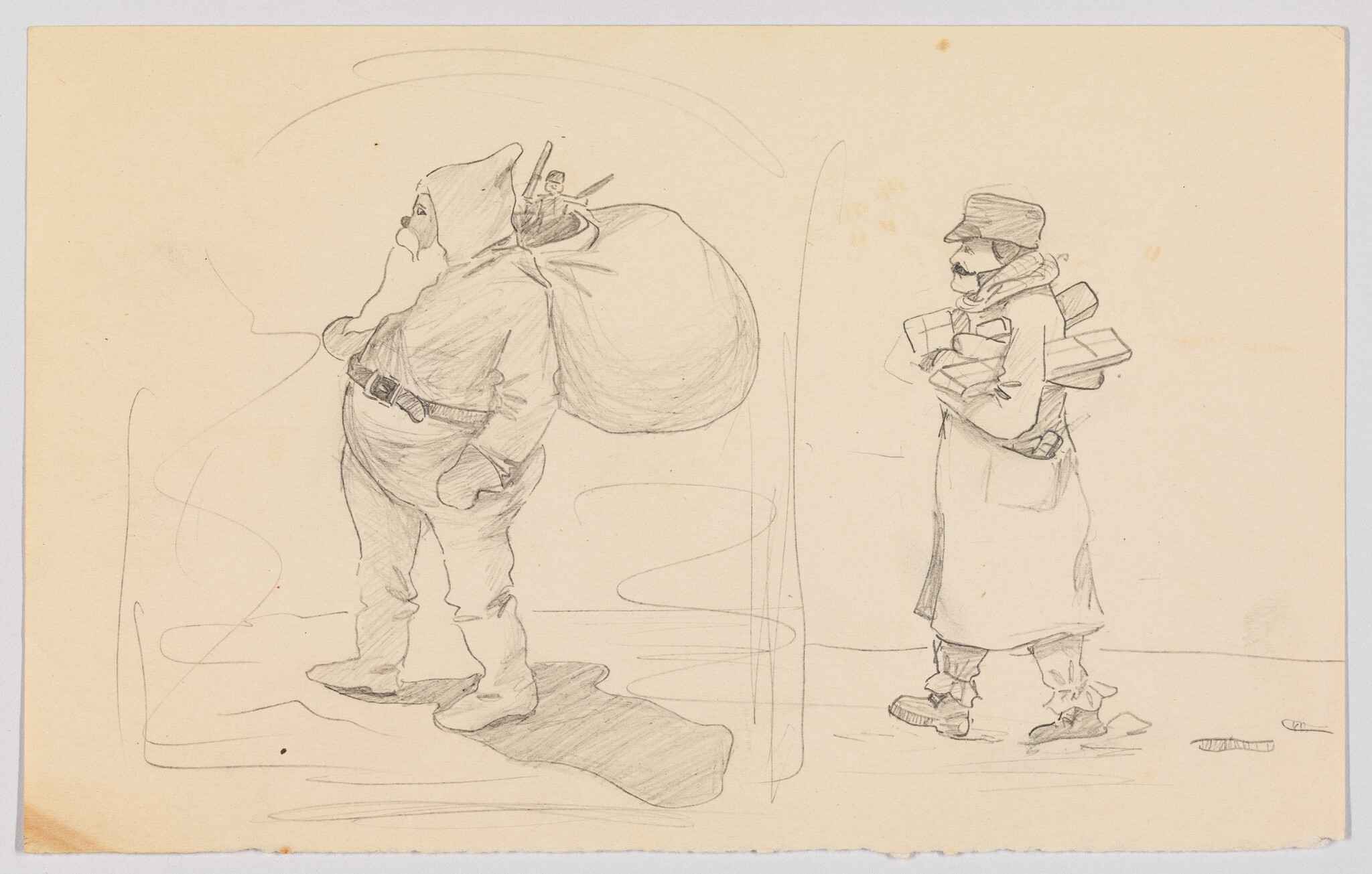 A bearded man in a hood carries a large sack while another man holds wrapped packages.