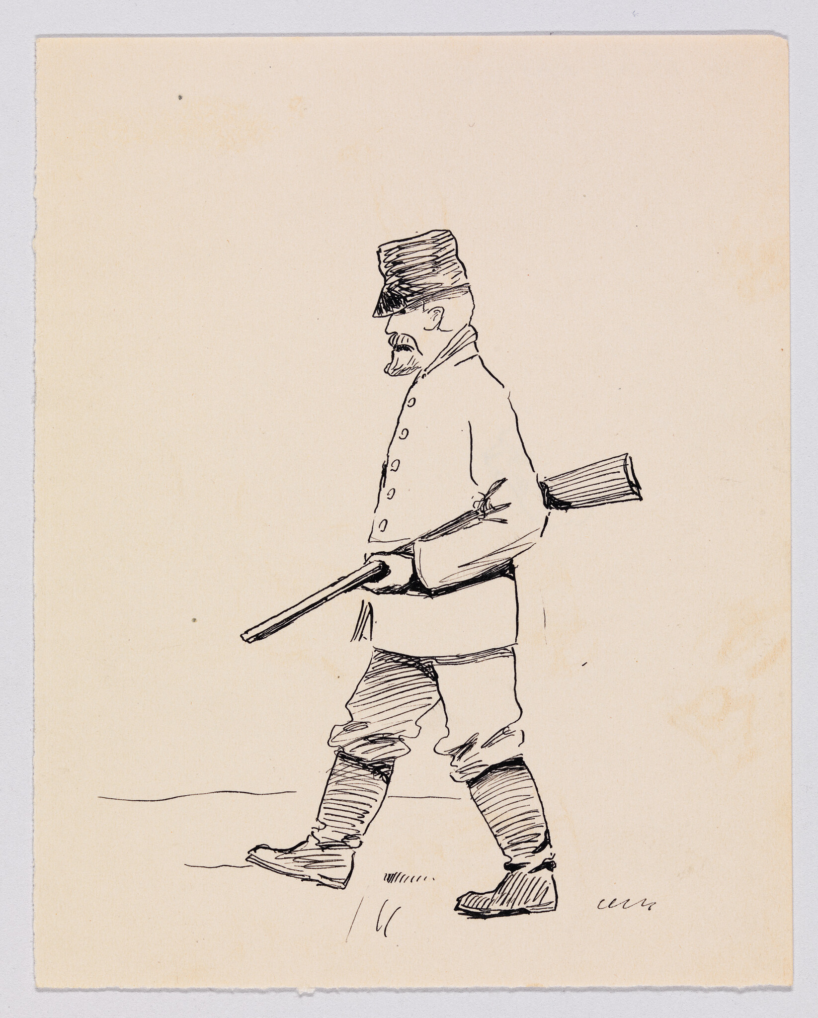 A uniformed soldier walks to the right carrying a rifle over his shoulder.