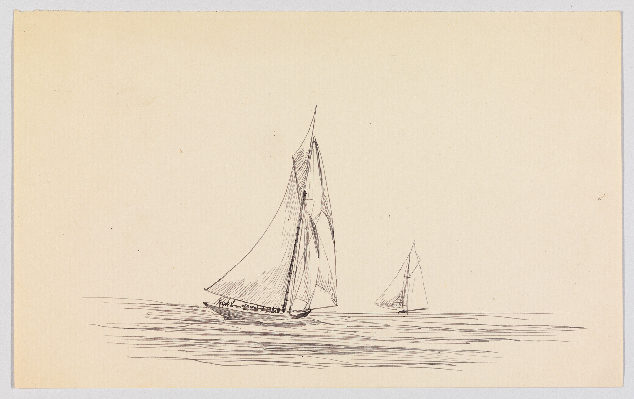 A pen sketch of two sailboats, one large near the foreground and one smaller in the distance.