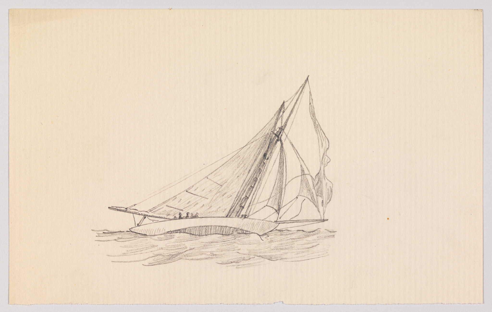 A pencil sketch of a sailboat with tall billowing sails moving across choppy water.
