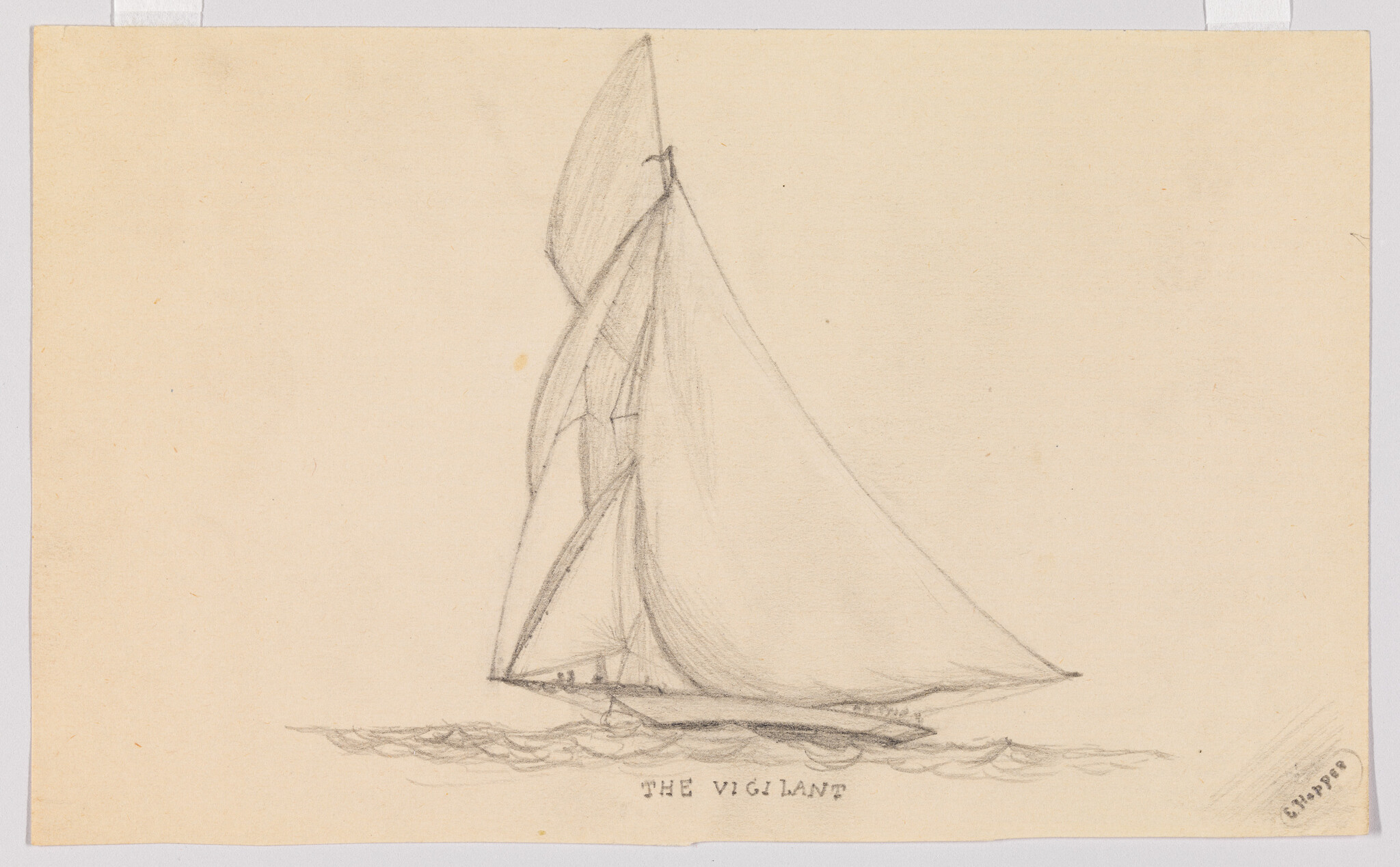 A pencil sketch shows the sailboat the Vigilant with large mainsail gliding on calm water.