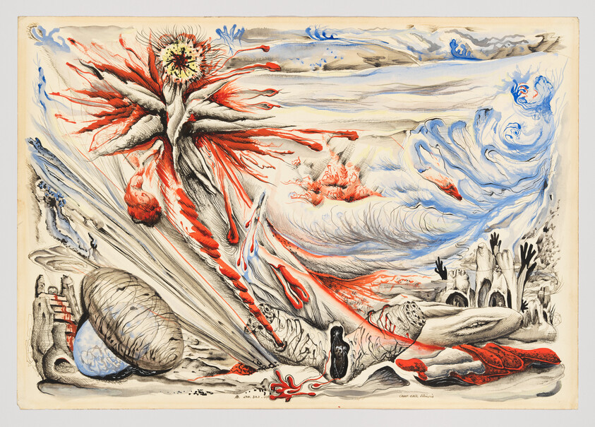 A surreal bursting flower figure with red streaks and figures reaching toward swirling blue clouds.
