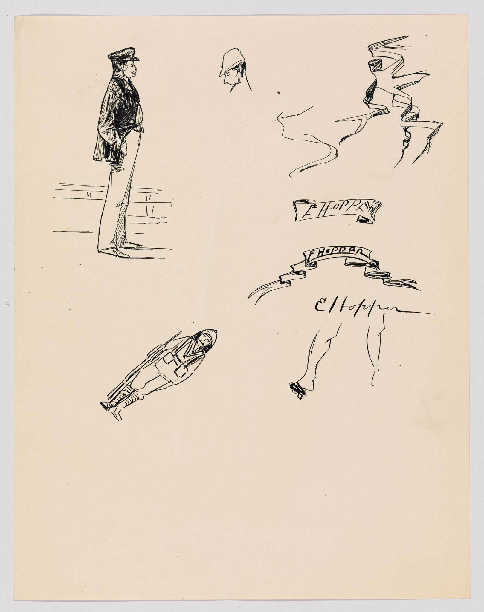 Several quick ink sketches show standing and reclining figures and decorative banner designs.