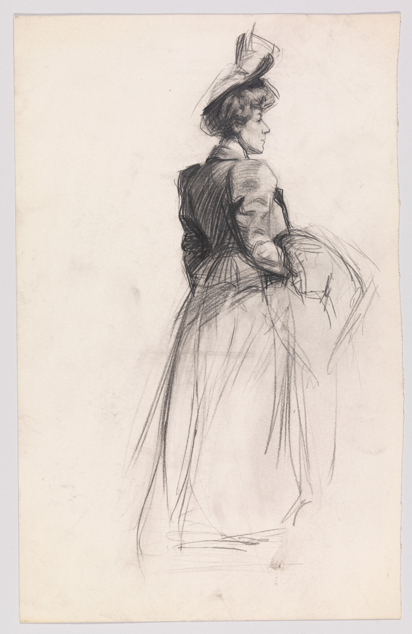 A charcoal sketch of a woman in a long skirt and hat turned slightly to the right.