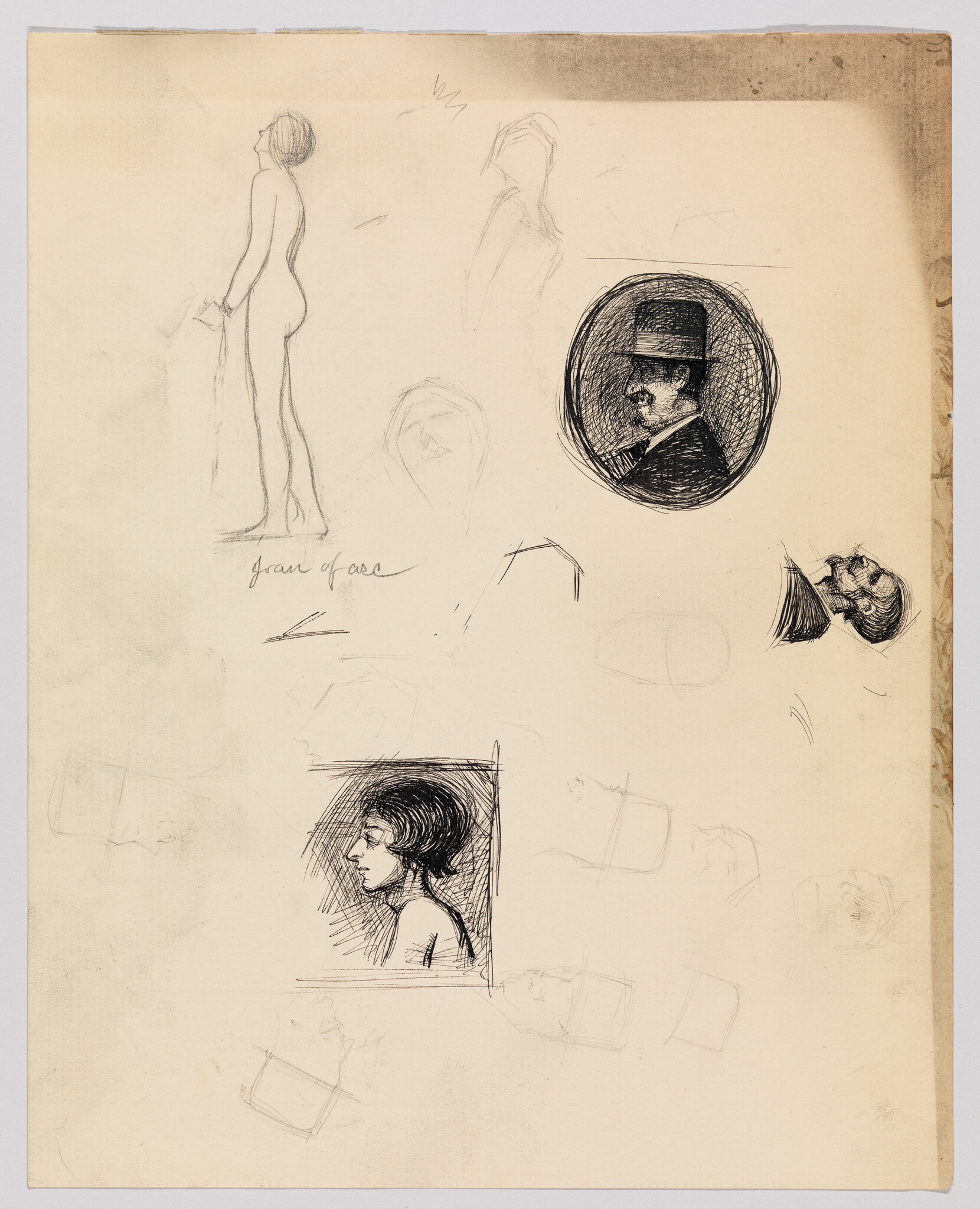 Pencil and ink sketches of a standing nude, a man in a top hat, and a woman’s profile.