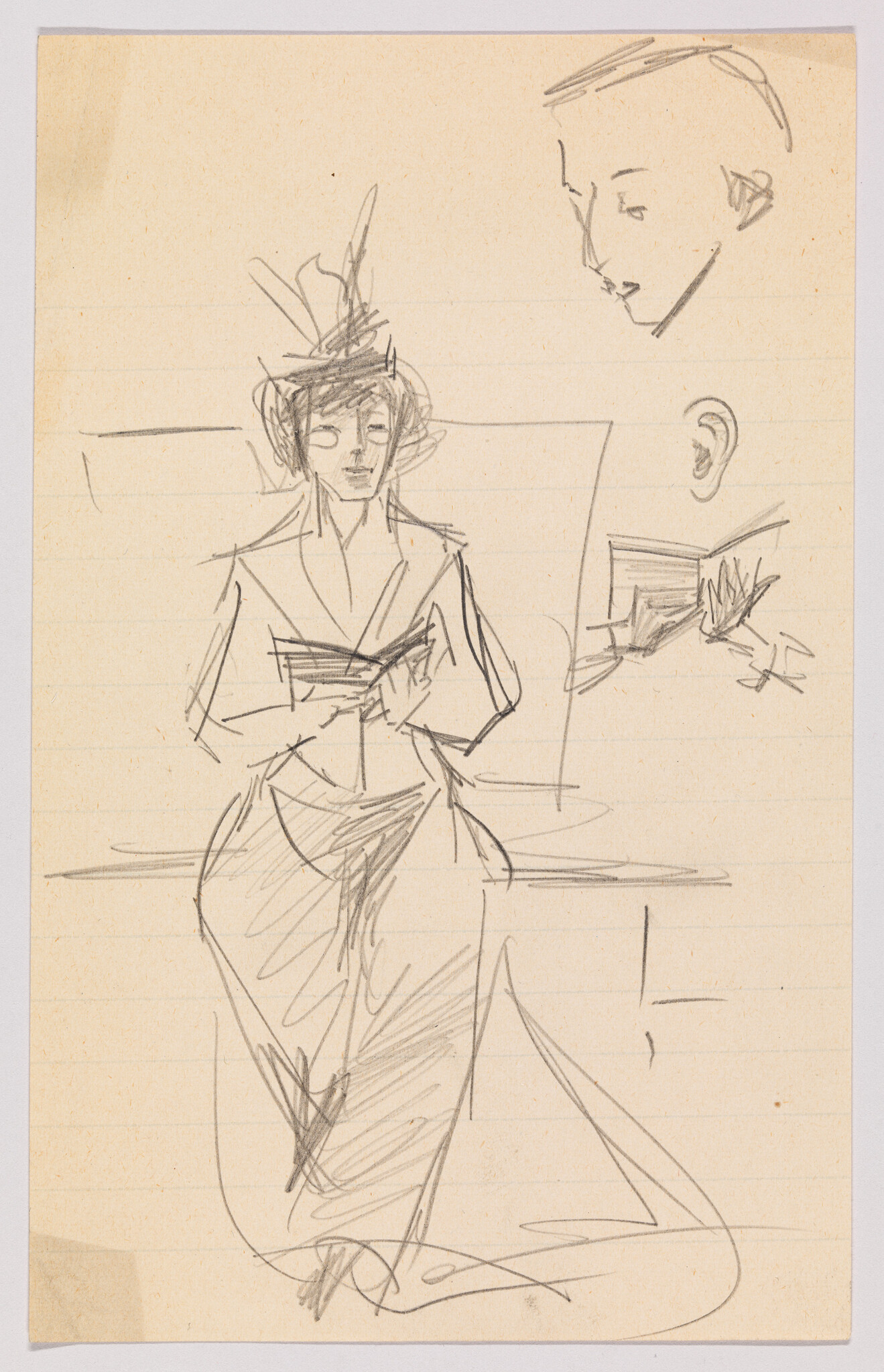 Pencil sketch of a seated woman in a dress reading a book, with small head and ear studies.