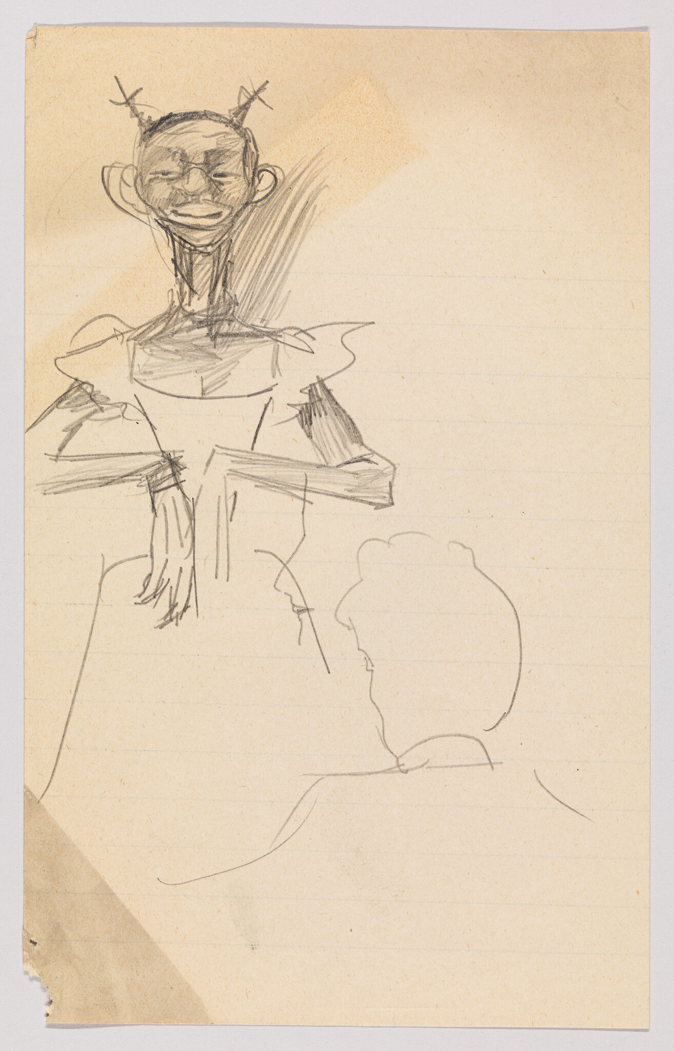 A pencil sketch shows a smiling figure with antenna-like hair and a dress facing a seated silhouette.