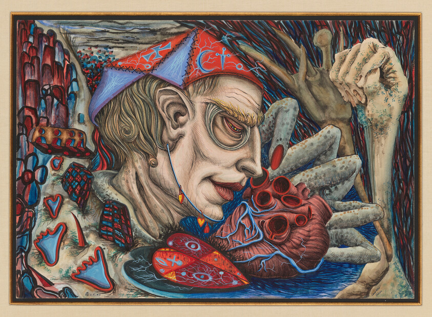 A surreal figure with a colorful cap leans over a large anatomical heart surrounded by spider-like limbs.