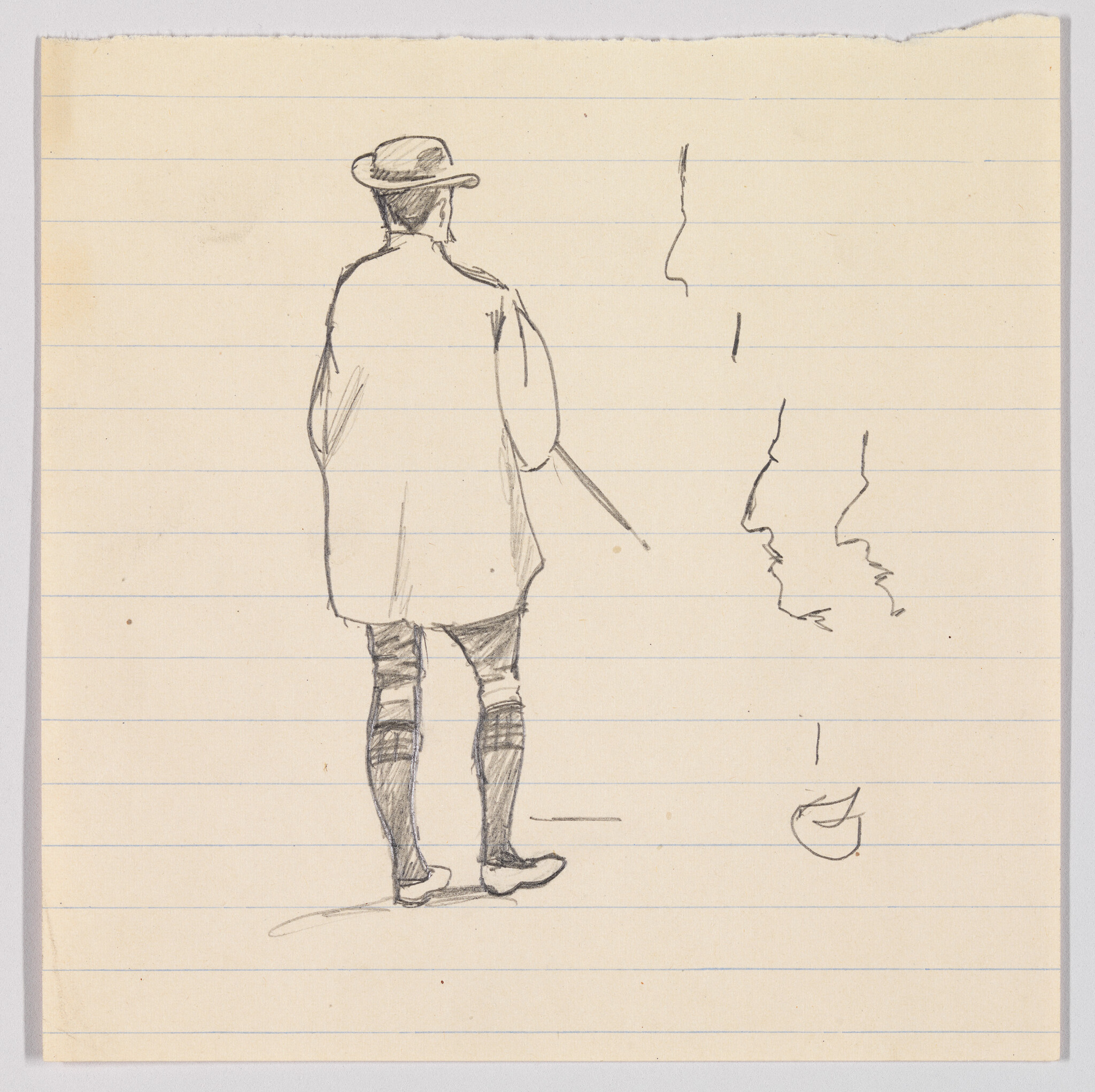 A man seen from behind wearing a bowler hat, coat, knee socks, and holding a cane.