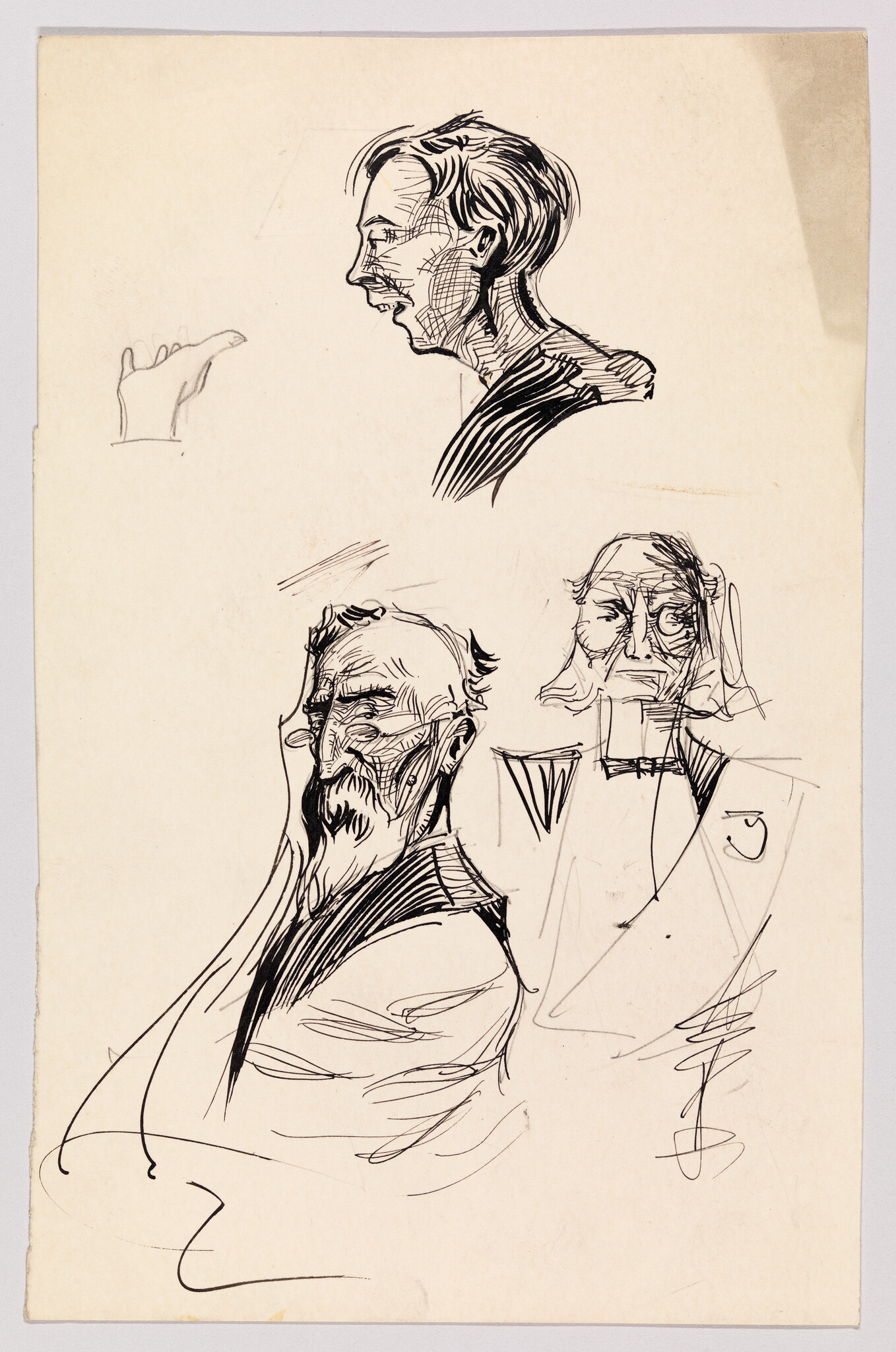 Three ink sketches of men's heads and shoulders showing different ages and facial expressions.