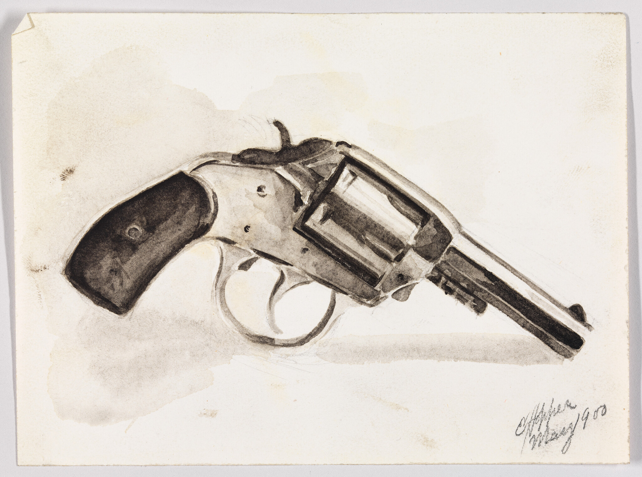 A black ink sketch of an old revolver pistol lying on white paper.