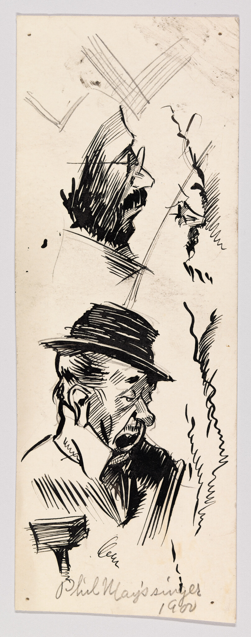 A pen sketch of a bearded man wearing a hat and singing with mouth open.