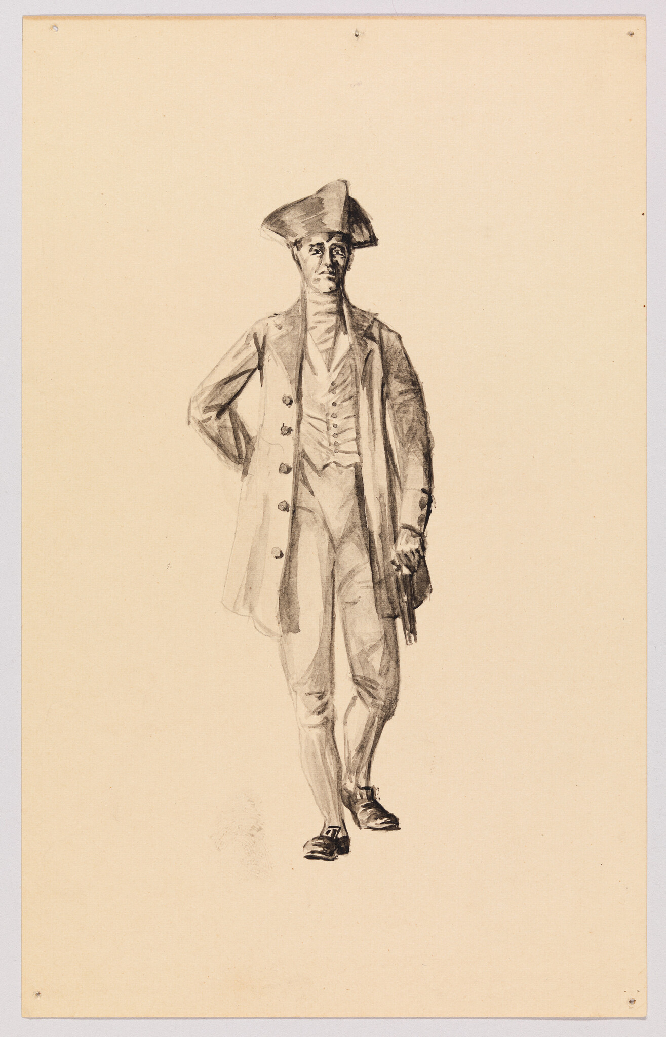 A sketch of a man in historical attire, featuring a tricorner hat, a long coat with buttons, a waistcoat, breeches, and buckled shoes, standing with one hand on his hip and the other holding gloves.