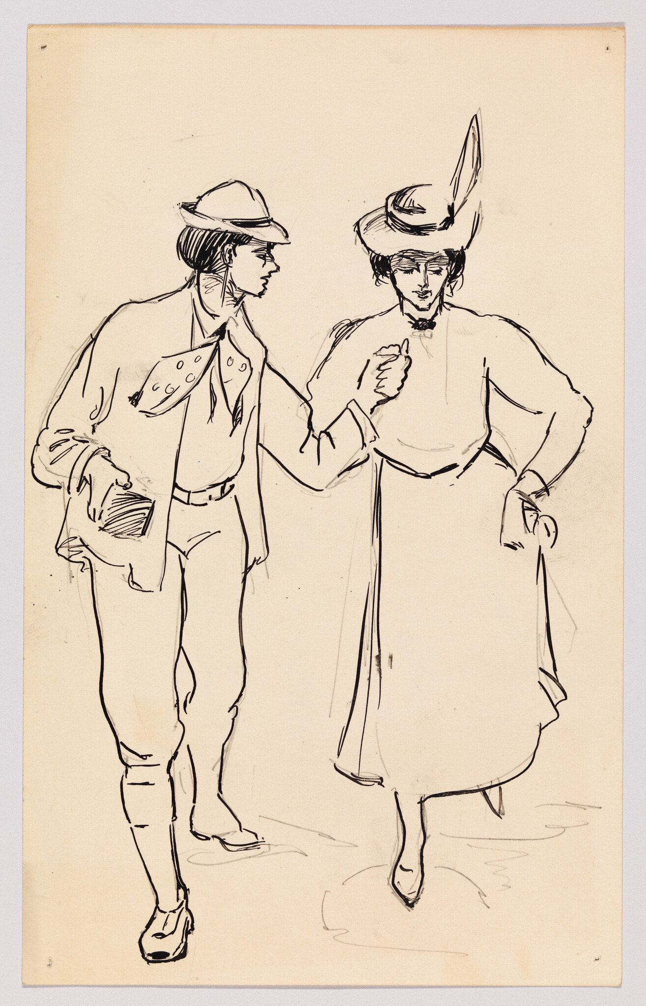 A man in a hat offers his arm to a woman in a long skirt as they walk.