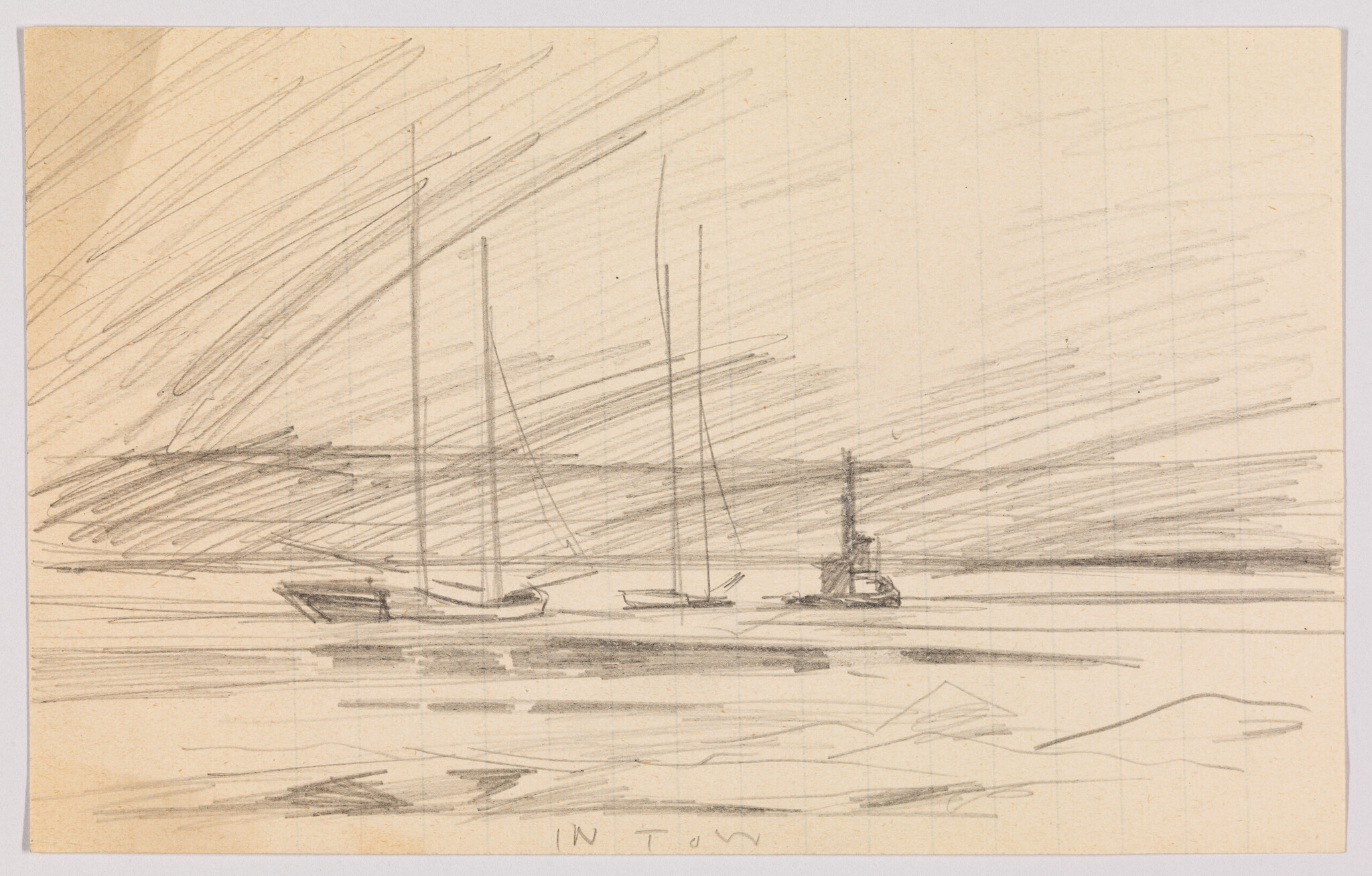 Three sailboats and a small steamboat moored on calm water beneath a cloudy, sketched shoreline.