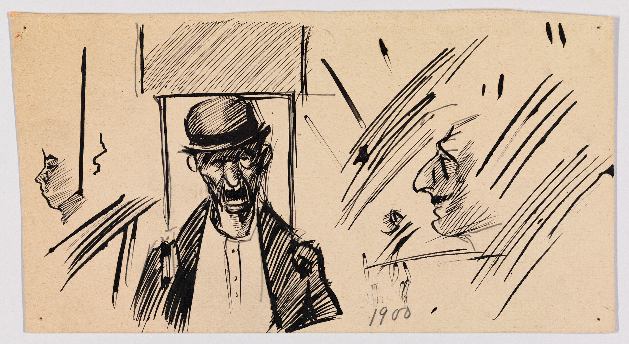 An ink sketch of a thin man in a bowler hat with two side-profile faces.