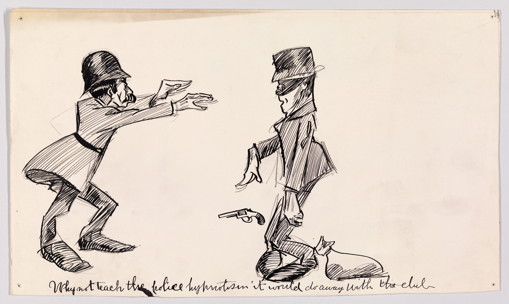 A sketch on a paper featuring two stylized figures, one appearing to teach the other some form of movement or dance. The figure on the left is in a dynamic pose, leaning forward with one arm outstretched, while the figure on the right stands upright with a stiff posture. Both figures wear hats and are drawn with exaggerated, elongated limbs. At the bottom of the image, there's handwritten text that reads, "Why not teach the police by imitation it would do away with the club."