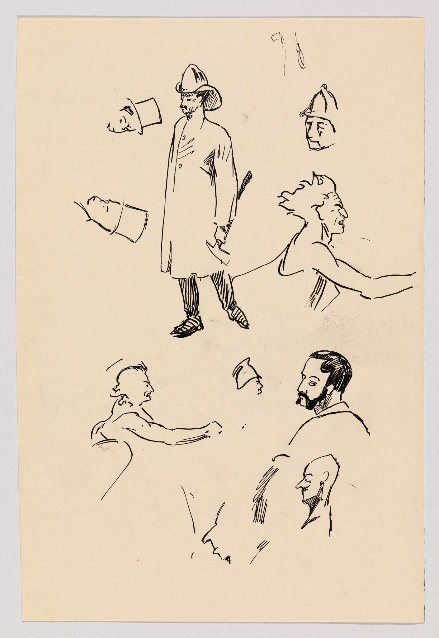 A standing man in a long coat and helmet holds an axe amid scattered head sketches.