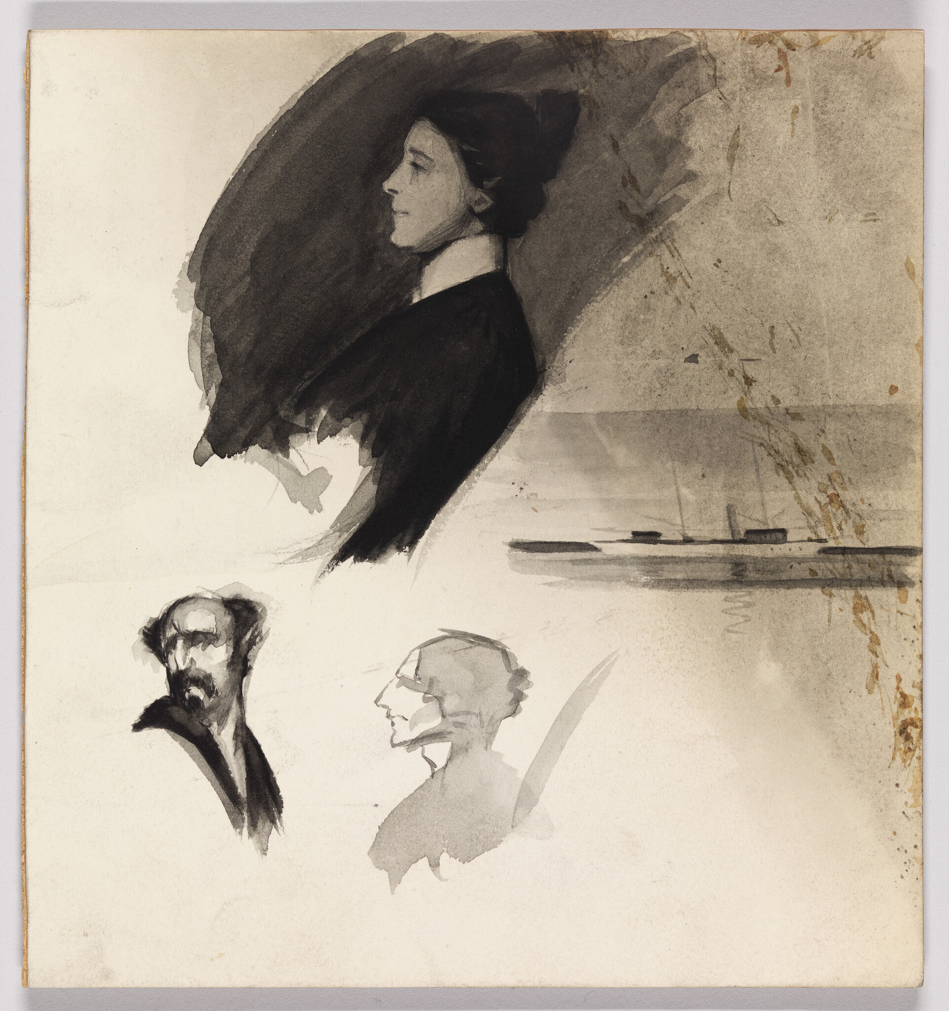 A dark ink sketch shows a woman's side profile above two men's head studies.