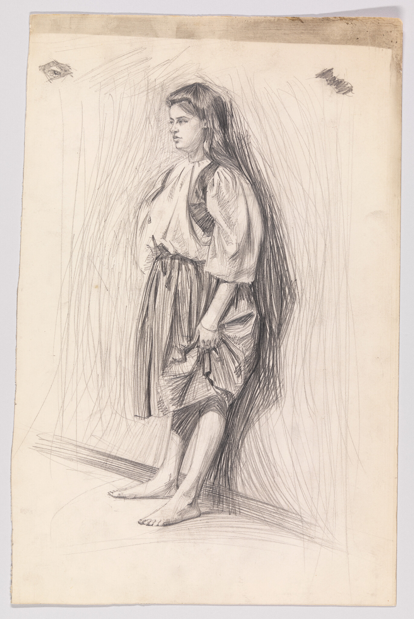 A young barefoot girl stands holding her skirt, facing left in a pencil sketch.
