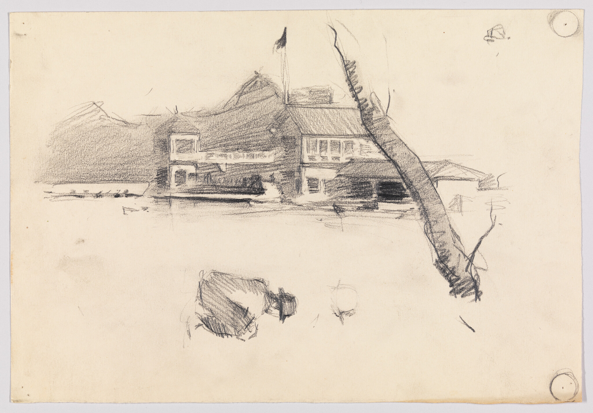 Pencil sketch of a lakeside house with a leaning tree and a small figure.