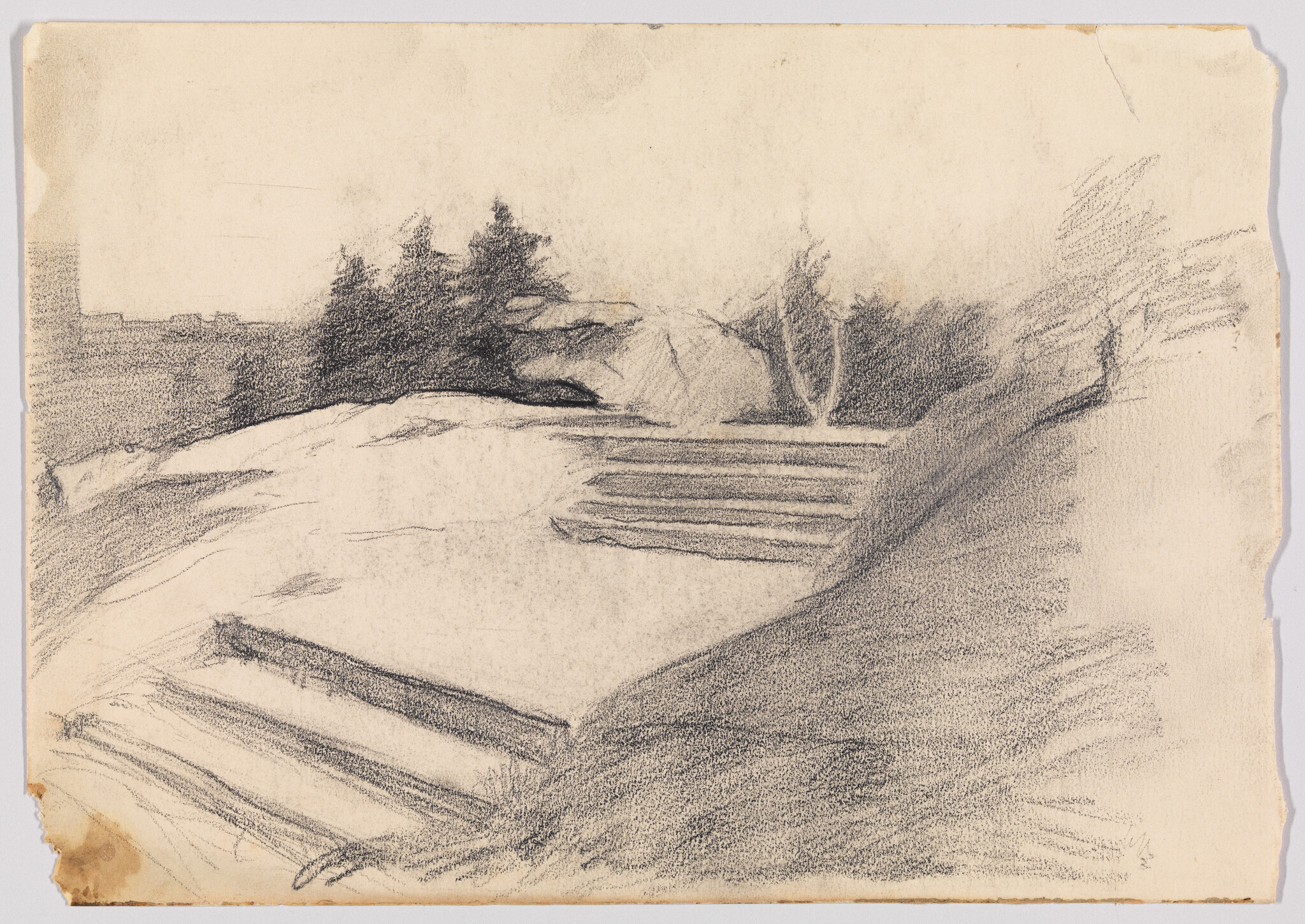 Rocky shoreline sketch showing wooden steps leading toward water with trees in the background.