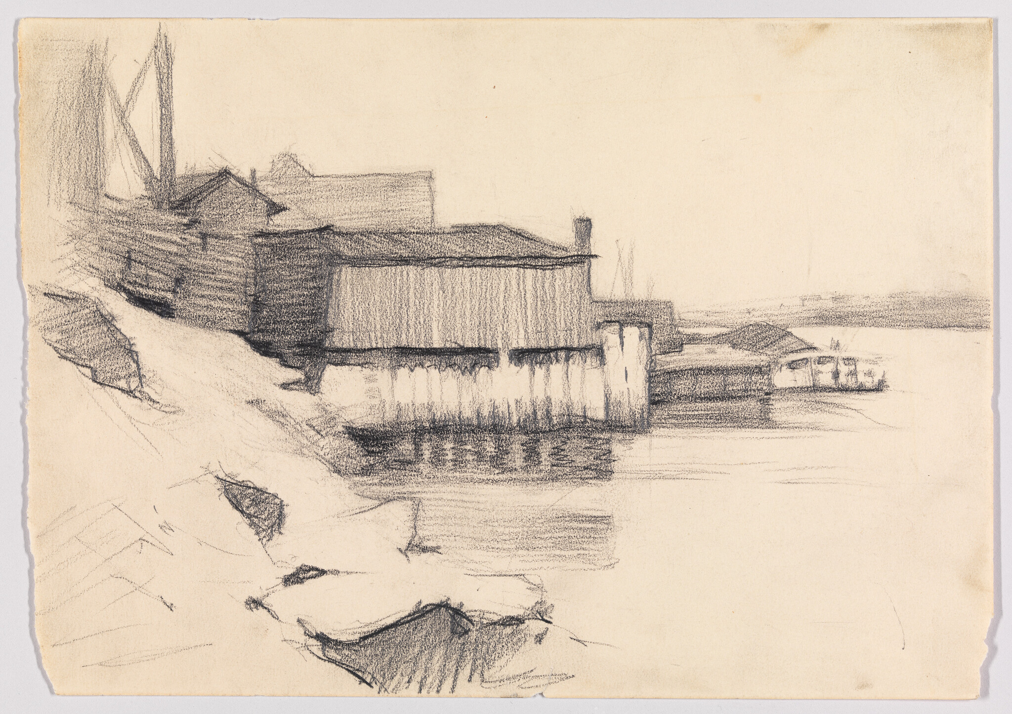 Pencil sketch showing wooden waterfront buildings and a dock reflected on calm water.